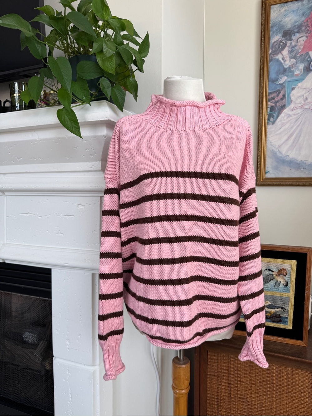 J. Crew Pink & Brown Striped Roll Neck Sweater